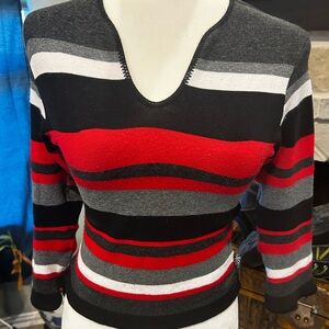 XOXO V-Neck Striped Sweater in Red, Black & Gray Y2K